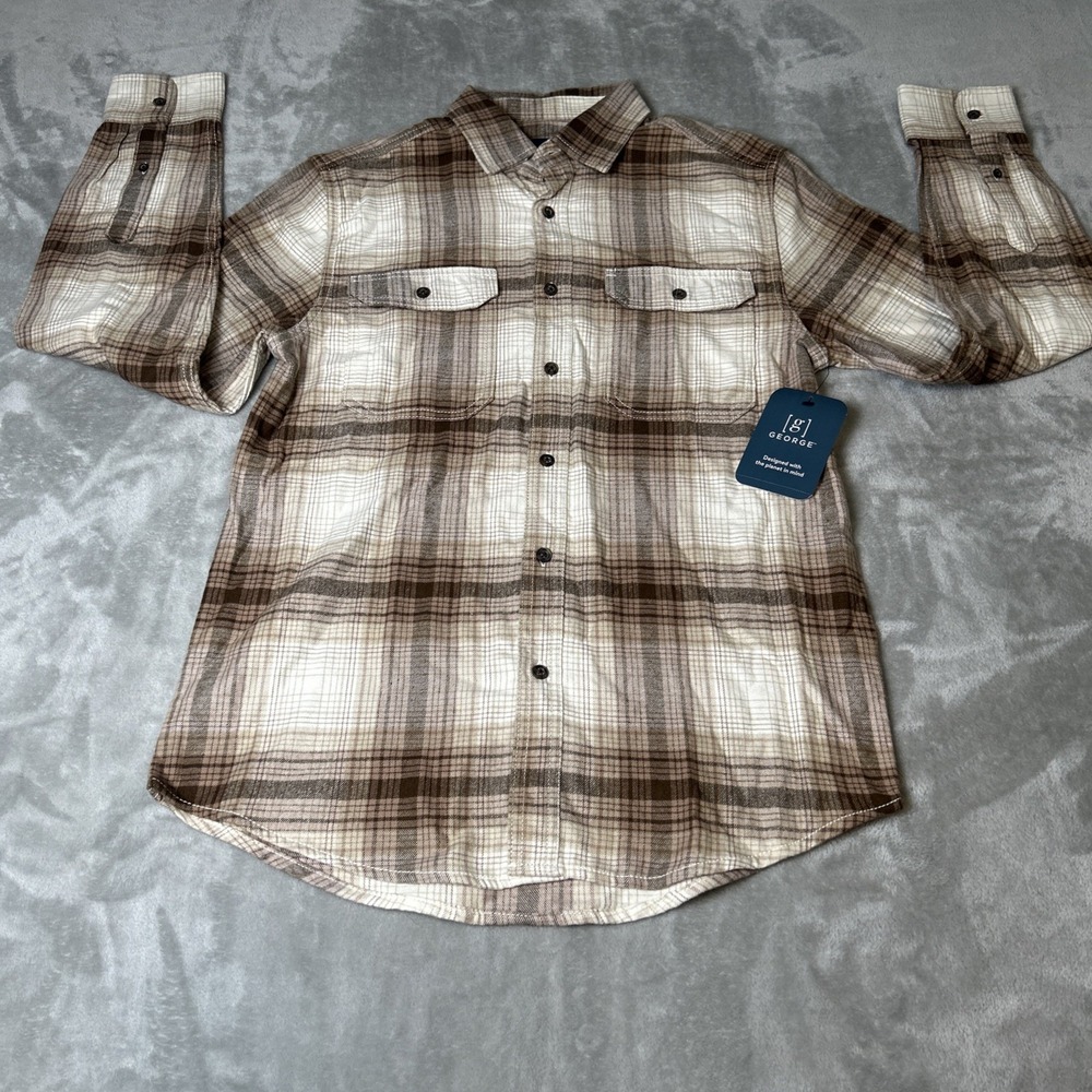 George Men's Small (34-36) Brown Plaid Flannel Shirt Button Up Long Sleeve NWT